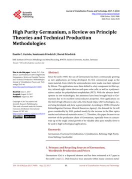High Purity Germanium, a Review on Principle Theories and Technical Production Methodologies