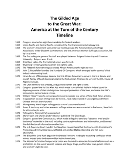 The Gilded Age to the Great War: America at the Turn of the Century Timeline