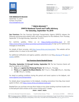 PRESS RELEASE** SFMTA Weekend Transit and Traffic Advisory for Saturday, September 14, 2019