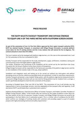 Press Release the Ratp Selects Faiveley Transport and Eiffage Énergie To