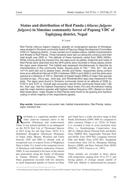 Status and Distribution of Red Panda (Ailurus Fulgens Fulgens) in Simsime Community Forest of Papung VDC of Taplejung District, Nepal