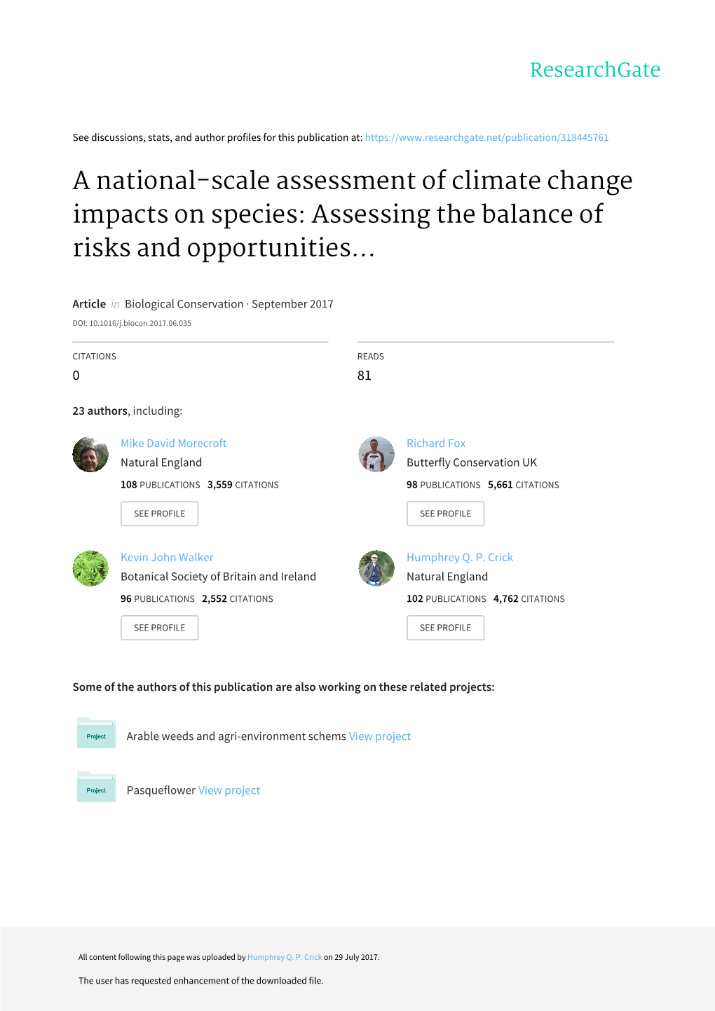 A National-Scale Assessment of Climate Change Impacts on Species: Assessing the Balance of Risks and Opportunities