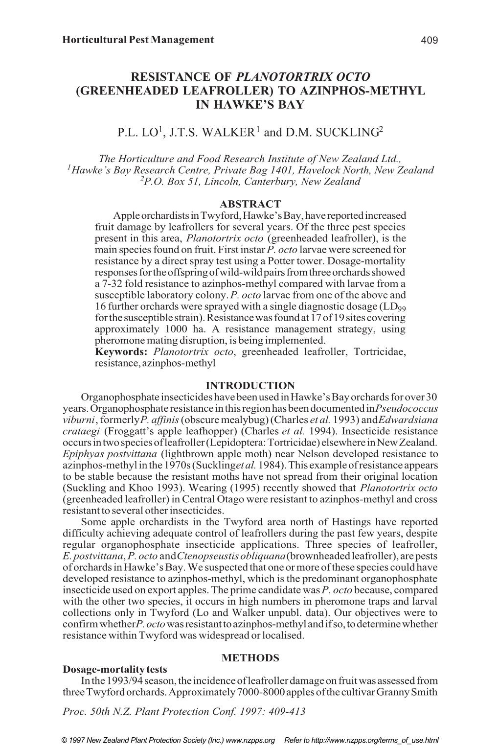 Resistance of Planotortrix Octo (Greenheaded Leafroller) to Azinphos-Methyl in Hawke’S Bay