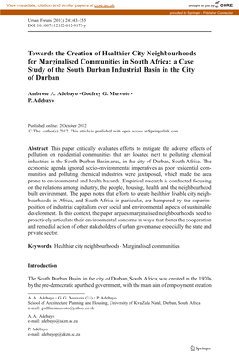 Towards the Creation of Healthier City Neighbourhoods for Marginalised Communities in South Africa: a Case Study of the South Du