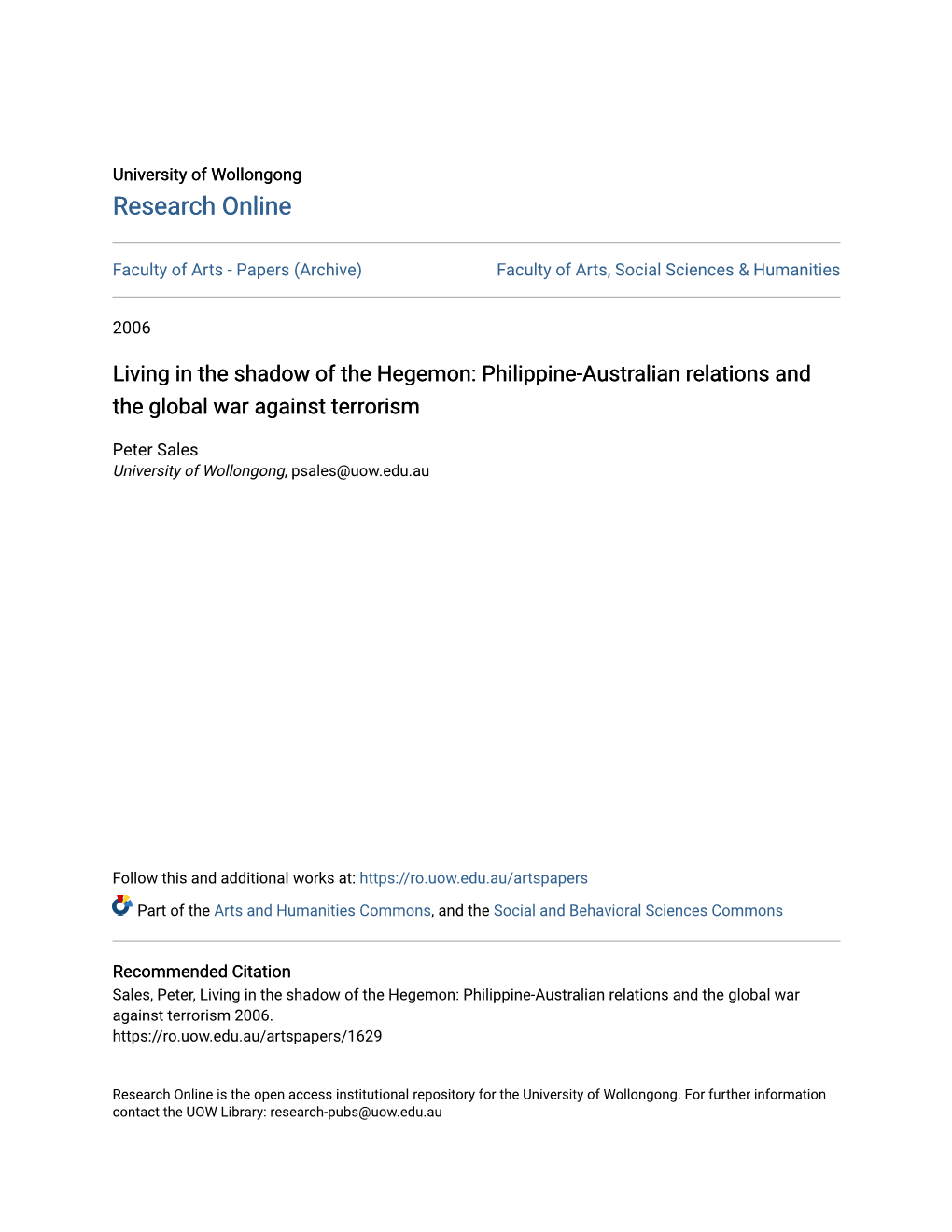 Philippine-Australian Relations and the Global War Against Terrorism