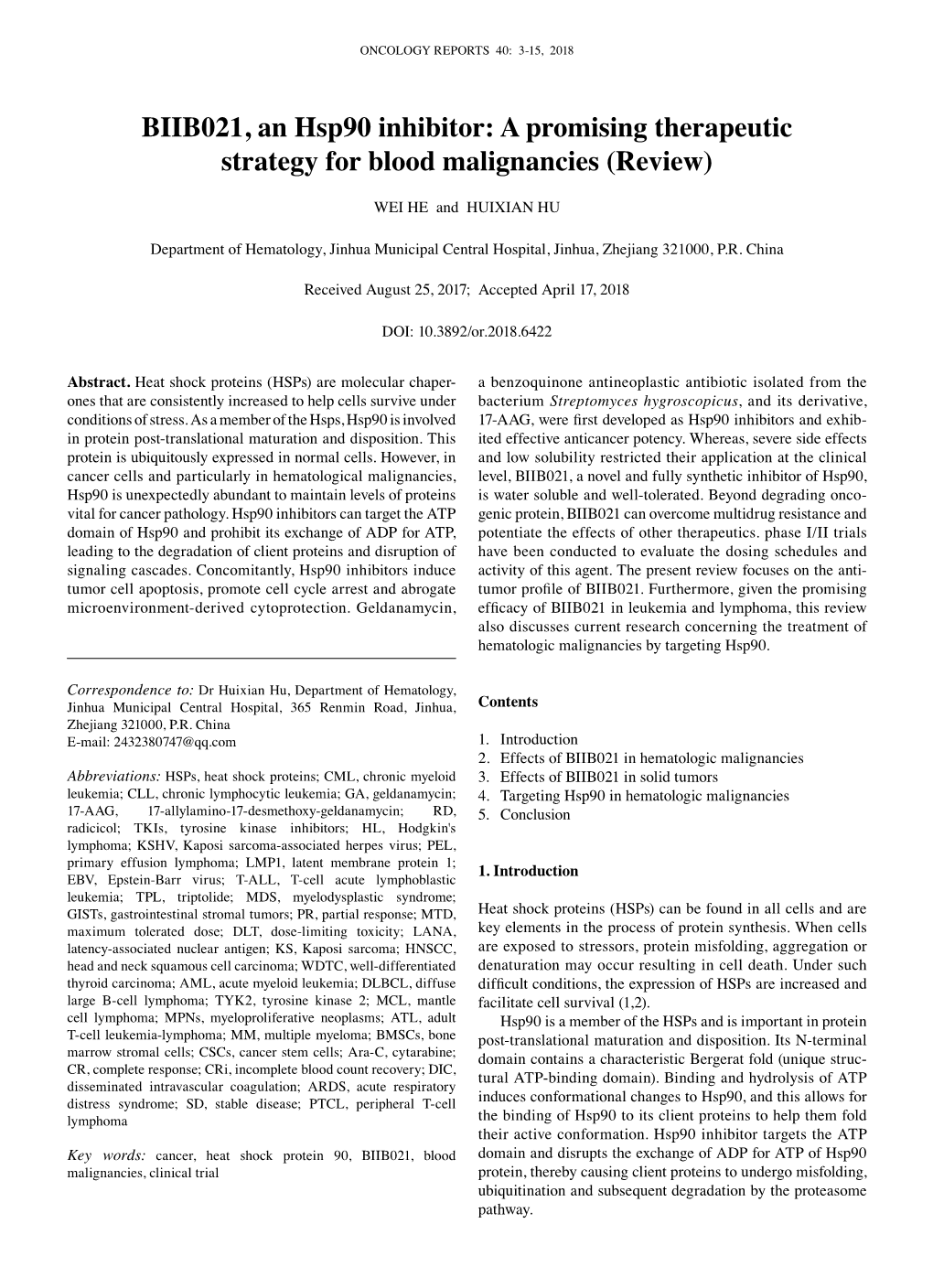 BIIB021, an Hsp90 Inhibitor: a Promising Therapeutic Strategy for Blood Malignancies (Review)