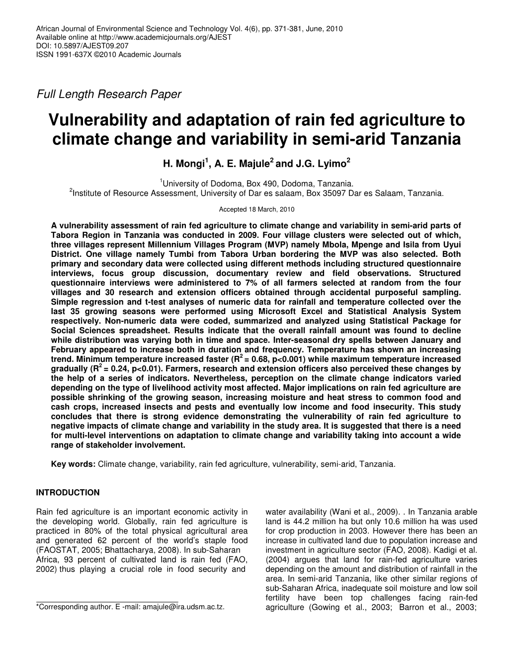 Vulnerability and Adaptation of Rain Fed Agriculture to Climate Change and Variability in Semi-Arid Tanzania
