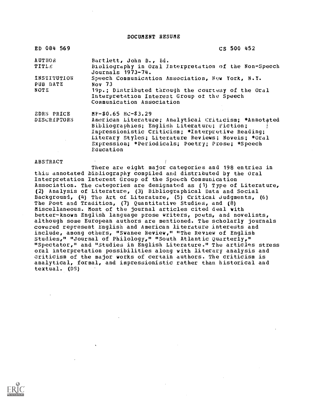 Bibliography in Oral Interpretation of the Non-Speech Journals 1973-74. INSTITUTION Speech Communication Association, New York, N.Y