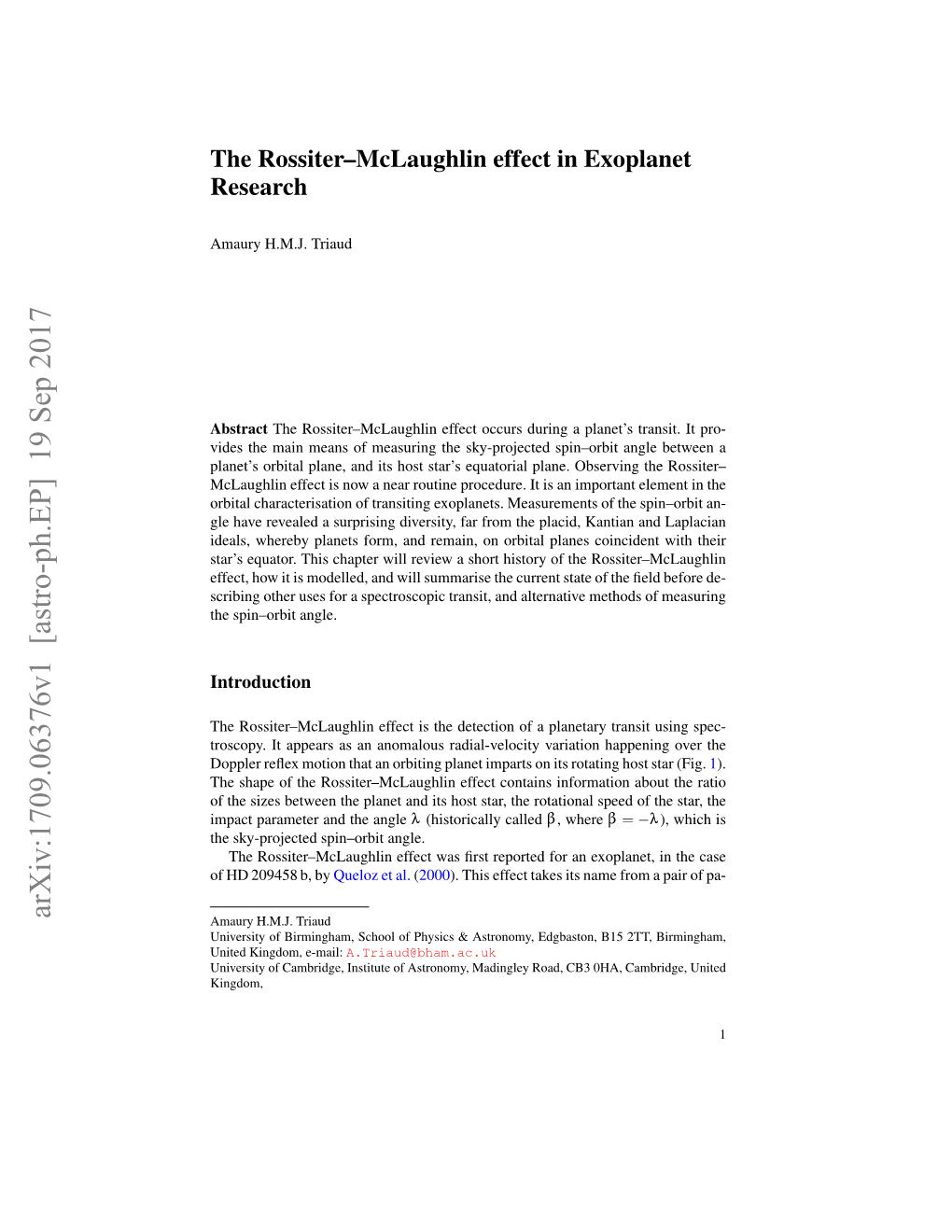 The Rossiter–Mclaughlin Effect in Exoplanet Research