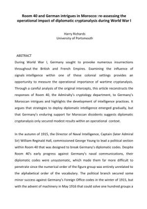 Room 40 and German Intrigues in Morocco: Re-Assessing the Operational Impact of Diplomatic Cryptanalysis During World War I