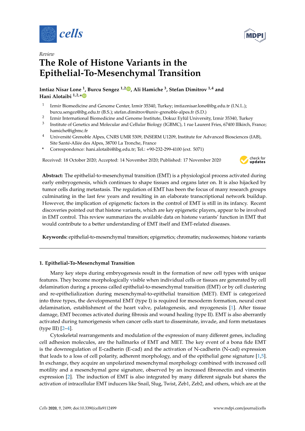 The Role of Histone Variants in the Epithelial-To-Mesenchymal Transition