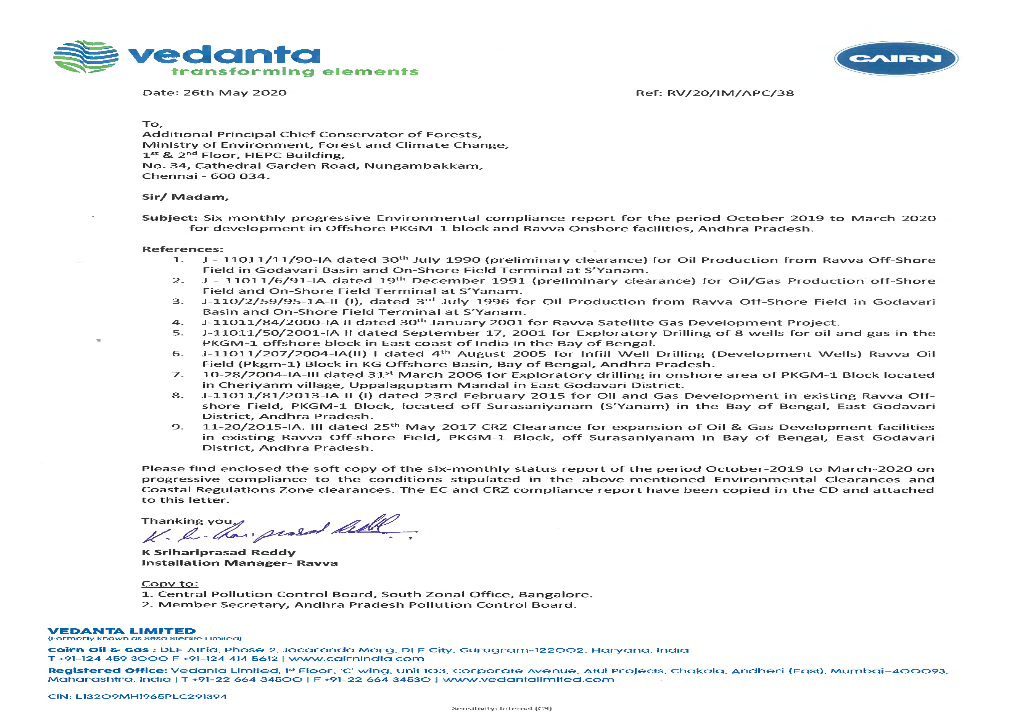 EC Compliance Report: Oil Production from Ravva Off-Shore Field In