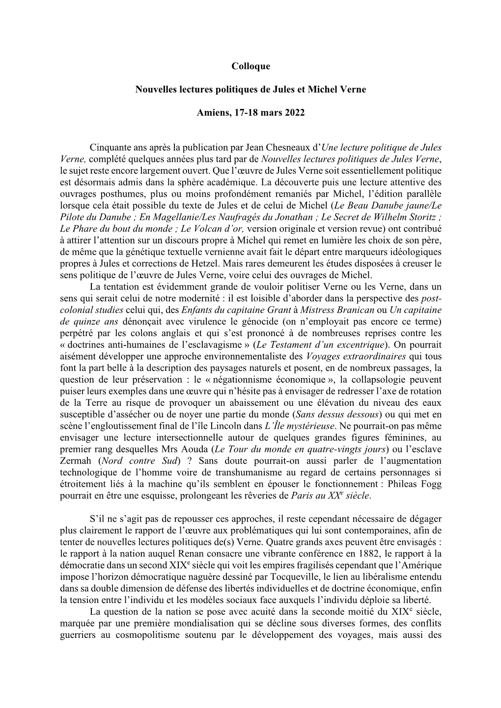 Colloque Nouvelles Lectures Politiques De Jules Et Michel Verne Amiens, 17-18 Mars 2022 Cinquante Ans Après La Publication