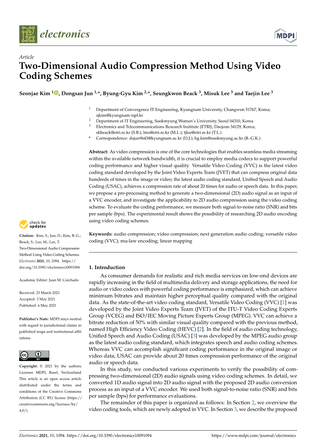 Two-Dimensional Audio Compression Method Using Video Coding Schemes