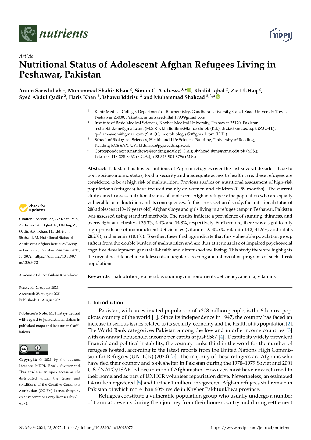 Nutritional Status of Adolescent Afghan Refugees Living in Peshawar, Pakistan