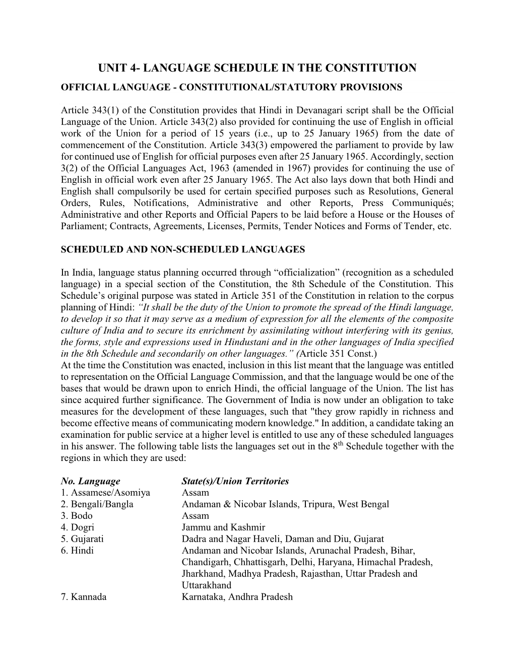 Unit 4- Language Schedule in the Constitution Official Language - Constitutional/Statutory Provisions