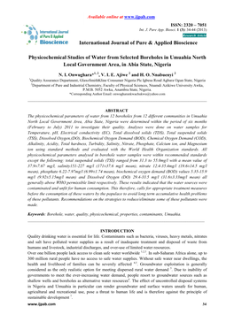 Physicochemical Studies of Water from Selected Boreholes in Umuahia North Local Government Area, in Abia State, Nigeria Internat
