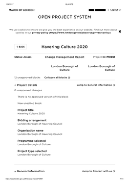 Havering Culture 2020 OPEN PROJECT SYSTEM