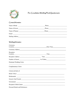 Pre- Consultation Wedding Floral Questionnaire