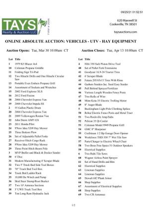 Online Absolute Auction: Vehicles - Utv - Hay Equipment