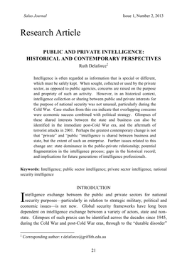 PUBLIC and PRIVATE INTELLIGENCE: HISTORICAL and CONTEMPORARY PERSPECTIVES Ruth Delaforce‡