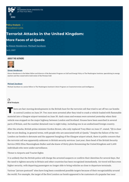 Terrorist Attacks in the United Kingdom: More Faces of Al-Qaeda by Simon Henderson, Michael Jacobson