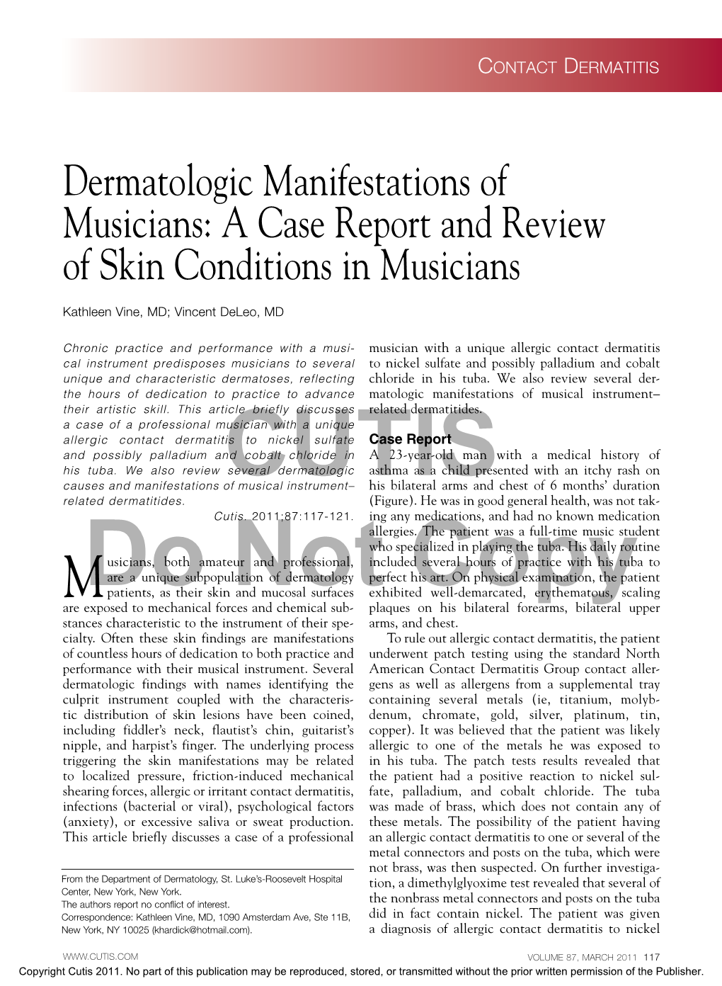 Dermatologic Manifestations of Musicians: a Case Report and Review of Skin Conditions in Musicians