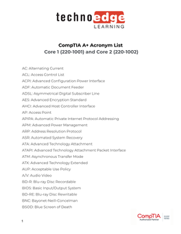 Comptia A+ Acronym List Core 1 (220-1001) and Core 2 (220-1002)