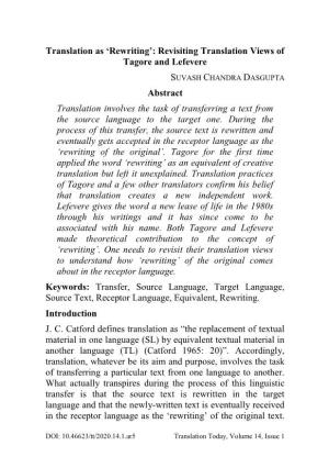 Translation As 'Rewriting': Revisiting Translation Views of Tagore and Lefevere Abstract Translation Involves the Task of Tr