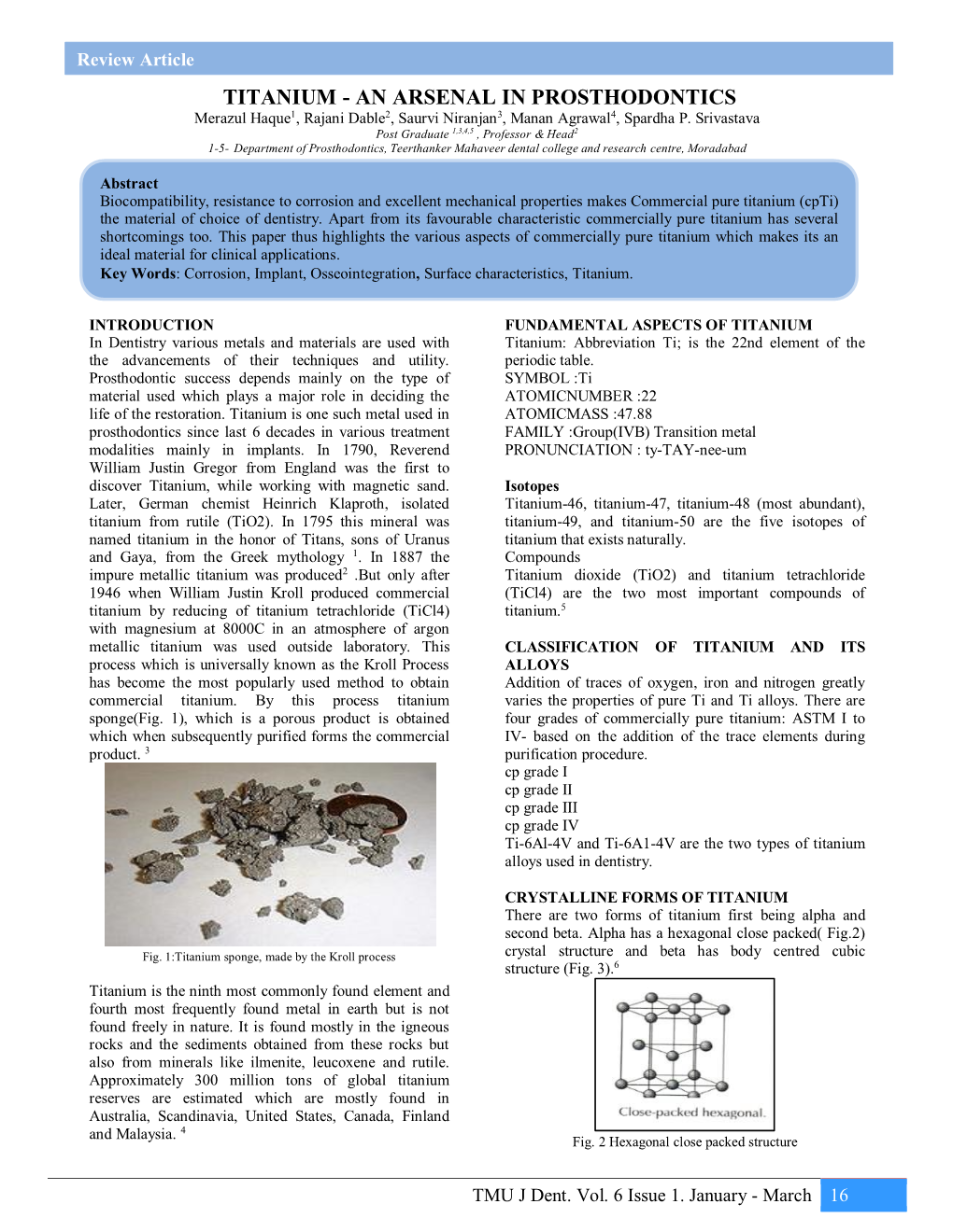 TITANIUM - an ARSENAL in PROSTHODONTICS Merazul Haque1, Rajani Dable2, Saurvi Niranjan3, Manan Agrawal4, Spardha P