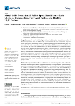 Mare's Milk from a Small Polish Specialized Farm—Basic Chemical Composition, Fatty Acid Profile, and Healthy Lipid Indices