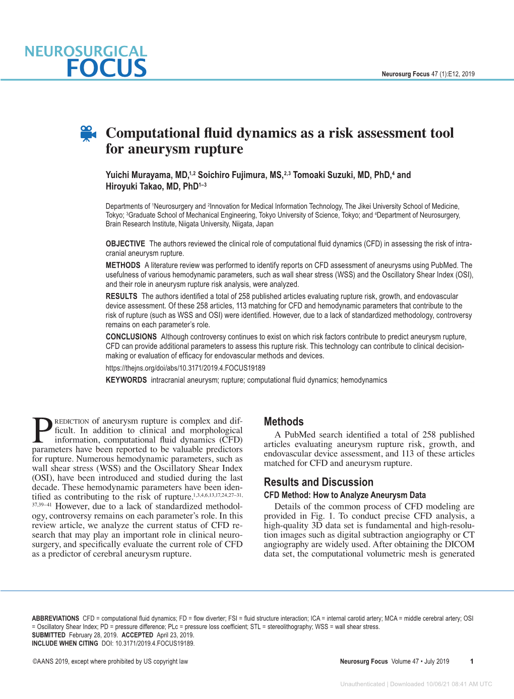 Computational Fluid Dynamics As a Risk Assessment Tool for Aneurysm Rupture