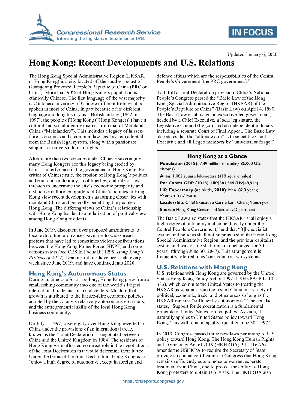 Hong Kong: Recent Developments and U.S. Relations