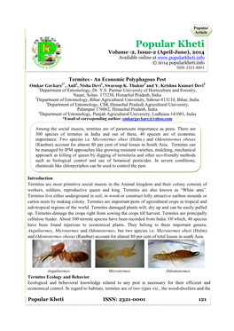 Termites - an Economic Polyphagous Pest Omkar Gavkare 1*, Anil 2, Nisha Devi 1, Swaroop K