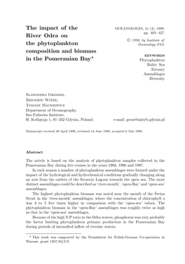 The Impact of the River Odra on the Phytoplankton Composition