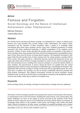 Famous and Forgotten: Soviet Sociology and the Nature of Intellectual Achievement Under Totalitarianism Mikhail Sokolov Msokolov@Eu.Spb.Ru