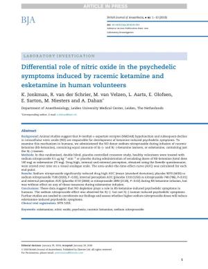 Differential Role of Nitric Oxide in the Psychedelic Symptoms Induced by Racemic Ketamine and Esketamine in Human Volunteers K