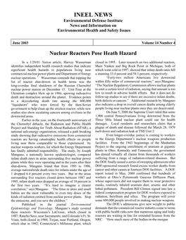 INEEL NEWS Environmental Defense Institute News and Information on Environmental Health and Safety Issues