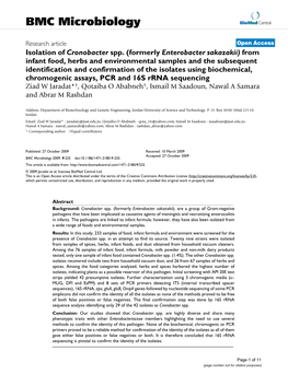 Isolation of Cronobacter Spp.(Formerly Enterobacter Sakazakii) from Infant