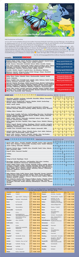 Abfallkalender 2019 Für Den Bereich Uecker-Randow (Süd)