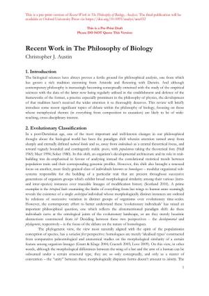 Recent Work in the Philosophy of Biology, Analysis