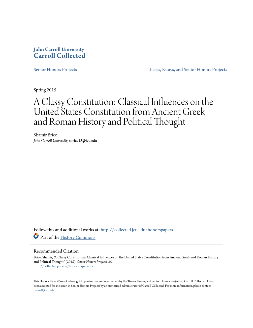 Classical Influences on the United States Constitution from Ancient