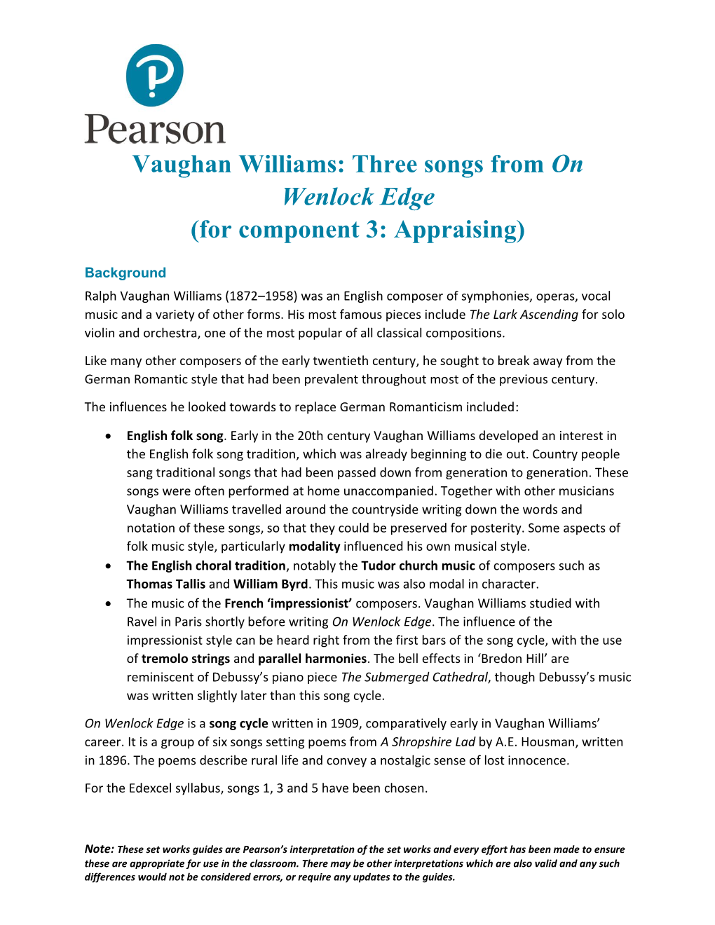 Vaughan Williams: Three Songs from on Wenlock Edge (For Component 3: Appraising)