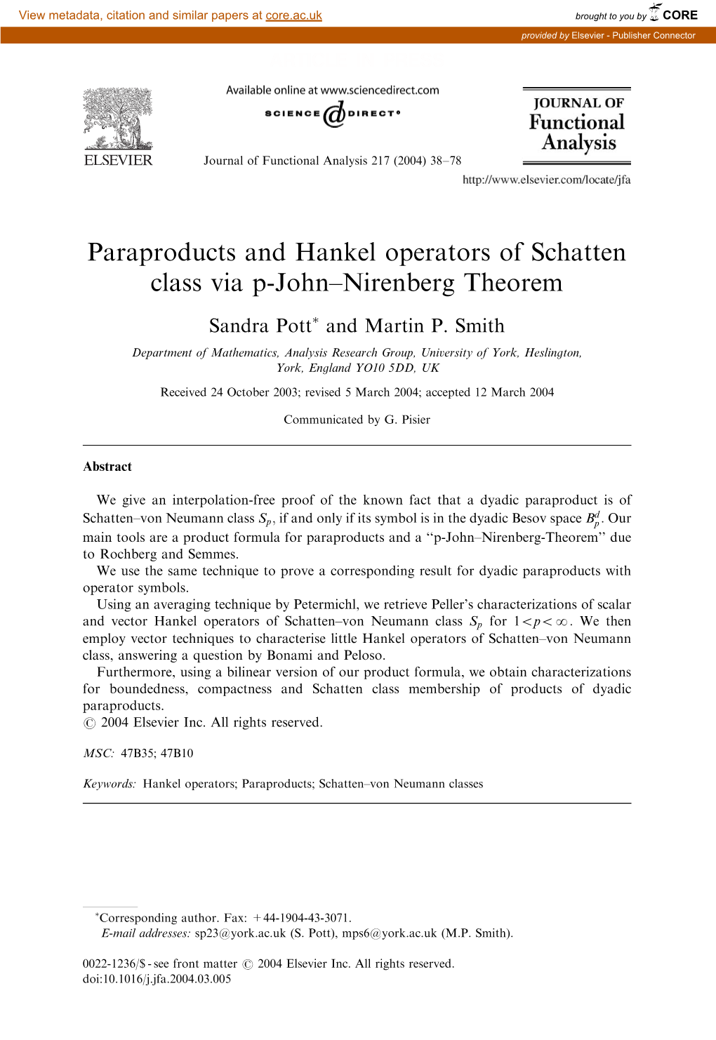 Paraproducts and Hankel Operators of Schatten Class Via P-John–Nirenberg Theorem