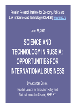 Science and Technology in Russia: Opportunities for International Business