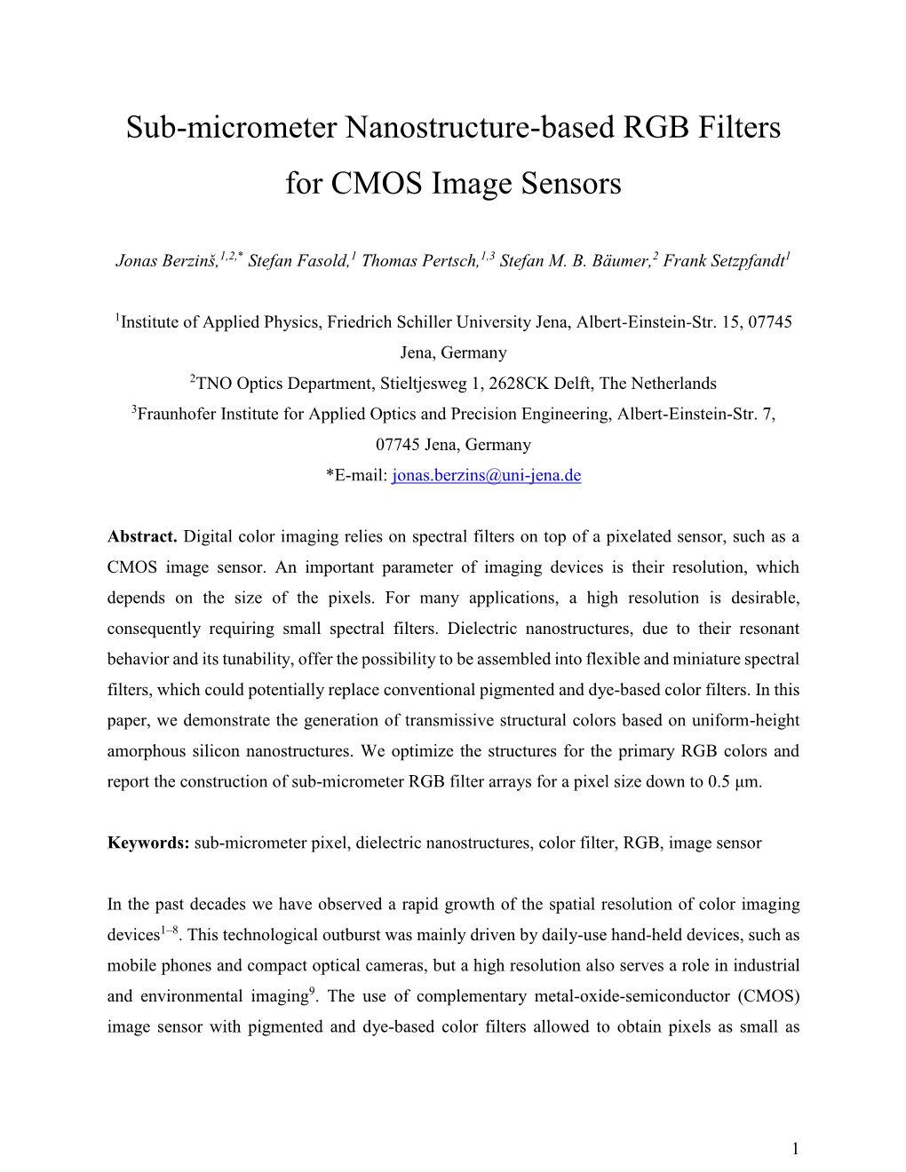 Sub-Micrometer Nanostructure-Based RGB Filters for CMOS Image Sensors