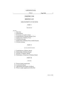 Chapter 15:01 Defence Act Arrangement of Sections Part I