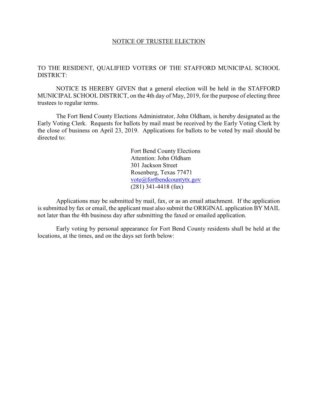 Notice of Trustee Election to the Resident, Qualified Voters of The