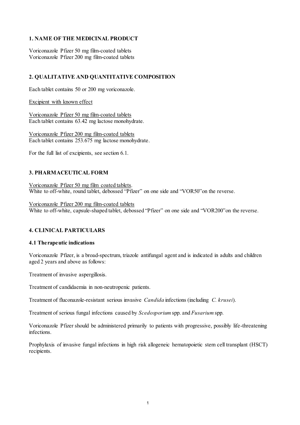 1. NAME of the MEDICINAL PRODUCT Voriconazole Pfizer 50