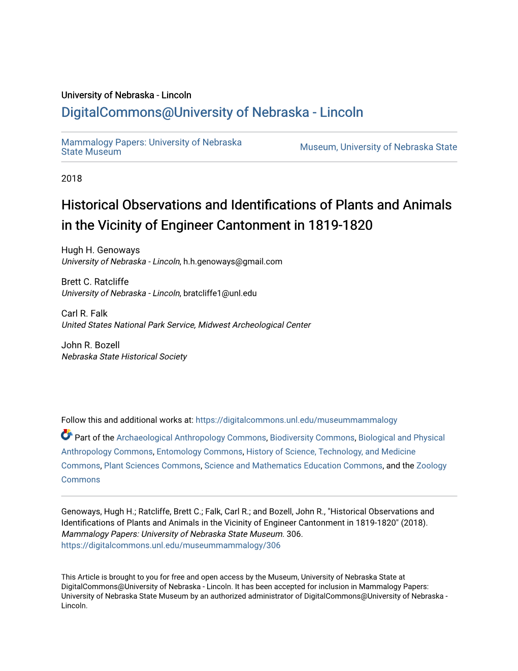 Historical Observations and Identifications of Plants and Animals in the Vicinity of Engineer Cantonment in 1819-1820